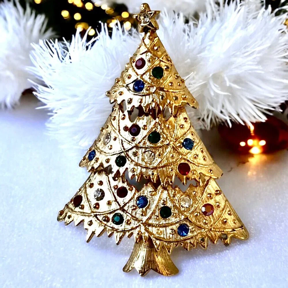 Eisenberg Ice Vintage Christmas Tree Pin Brooch Multi-Color Rhinestones Signed